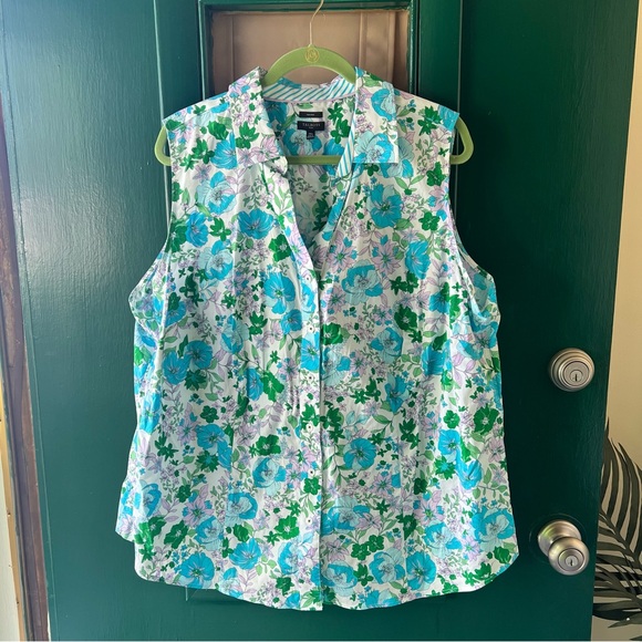 Talbots Sleeveless Floral Button Down Shirt - Blue and Green - Picture 1 of 4